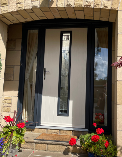 white entrance door with black features