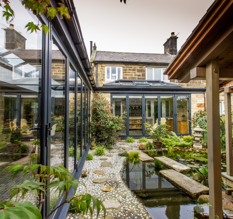 Large garden with pond