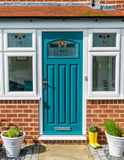 Teal coloured front door